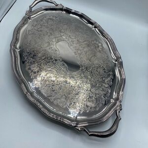 Vintage ONEIDA SIlver Plate Oval Tray Engrave Design Handles Scallop Edge Large